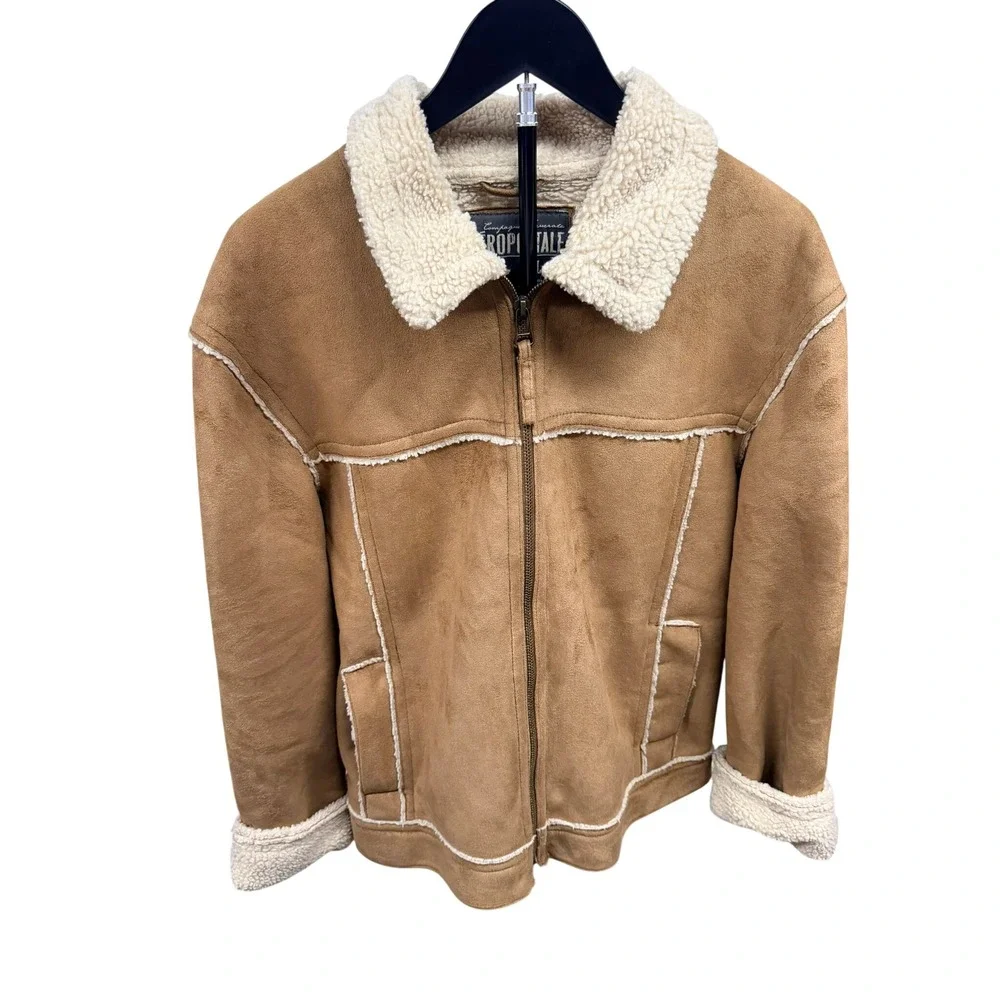 Aero VIntage Y2K Mens Suede Sherpa Lined Aviator Jacket Tan Brown Full Zip Large
